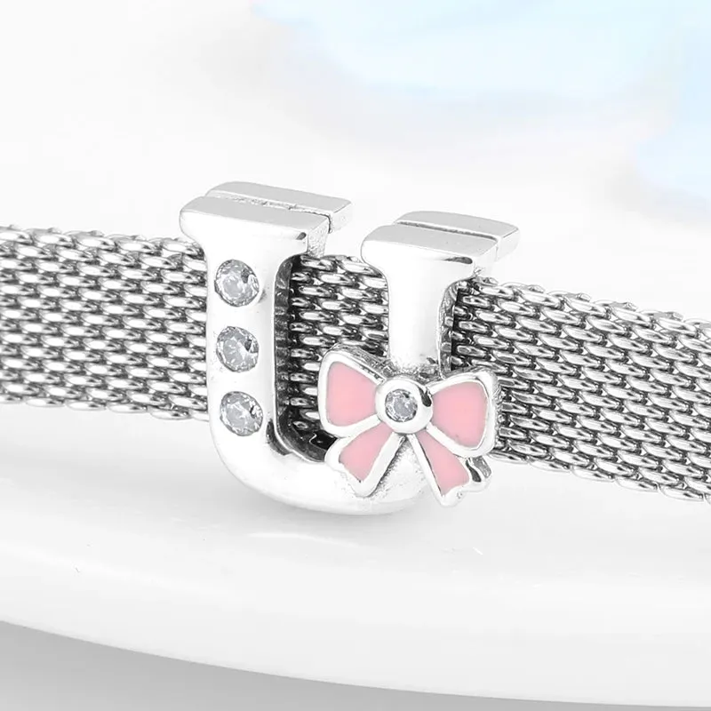 925 Sterling Silver A To Z Bow-knot Clear CZ 26 Letter Alphabet Charms Clips Beads Fit Original Reflections Bracelets Jewelry