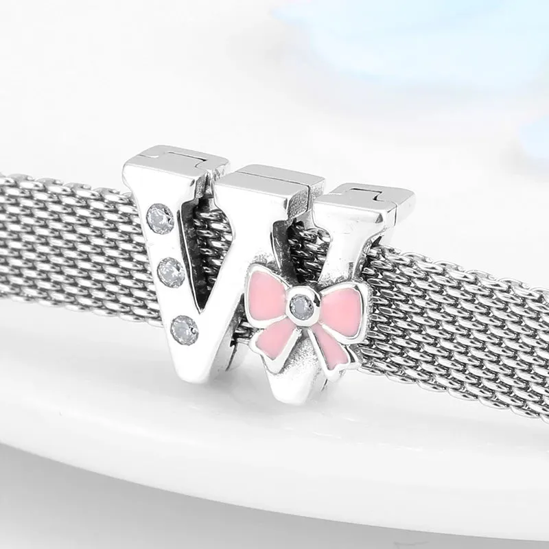 925 Sterling Silver A To Z Bow-knot Clear CZ 26 Letter Alphabet Charms Clips Beads Fit Original Reflections Bracelets Jewelry
