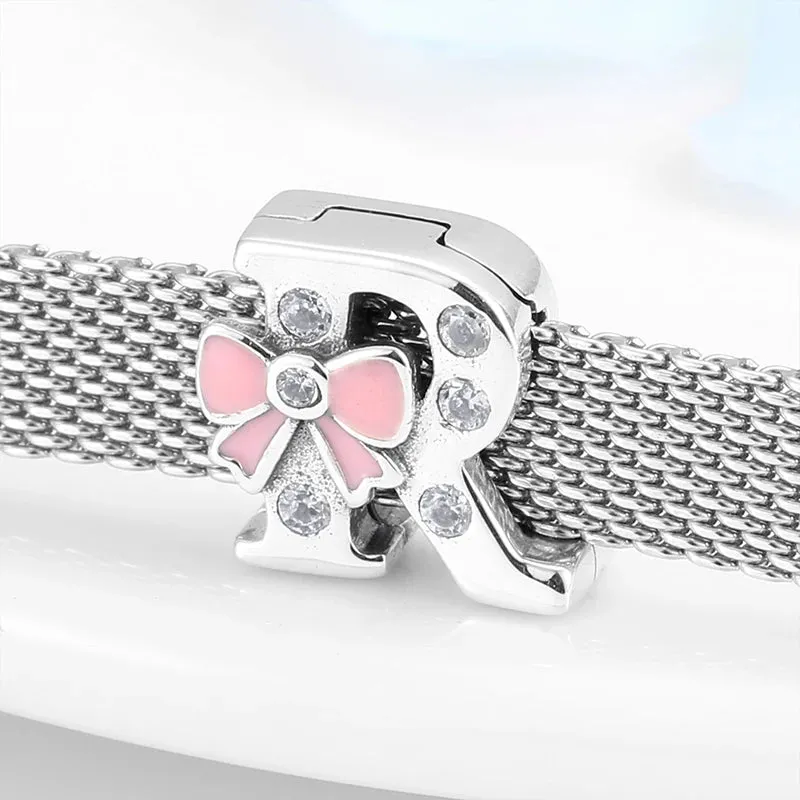 925 Sterling Silver A To Z Bow-knot Clear CZ 26 Letter Alphabet Charms Clips Beads Fit Original Reflections Bracelets Jewelry