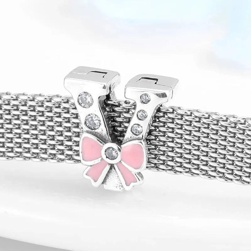 925 Sterling Silver A To Z Bow-knot Clear CZ 26 Letter Alphabet Charms Clips Beads Fit Original Reflections Bracelets Jewelry