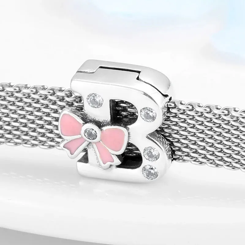 925 Sterling Silver A To Z Bow-knot Clear CZ 26 Letter Alphabet Charms Clips Beads Fit Original Reflections Bracelets Jewelry