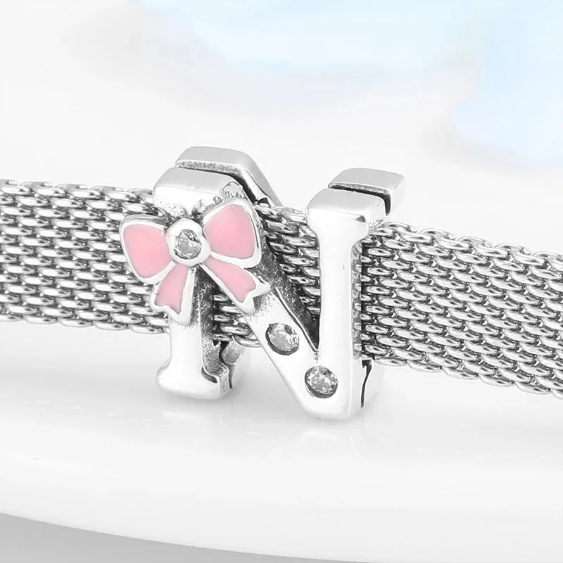 925 Sterling Silver A To Z Bow-knot Clear CZ 26 Letter Alphabet Charms Clips Beads Fit Original Reflections Bracelets Jewelry