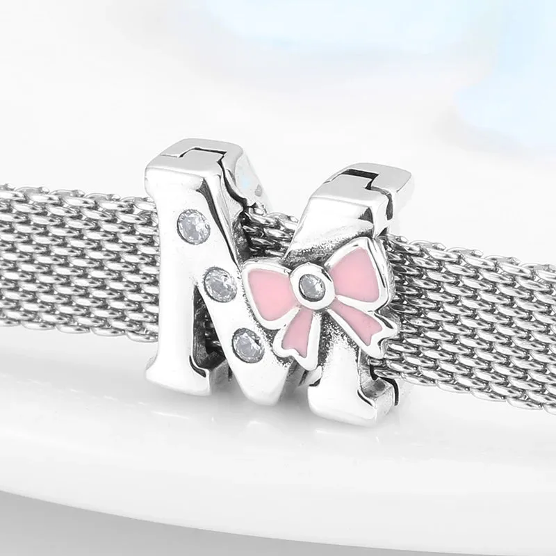 925 Sterling Silver A To Z Bow-knot Clear CZ 26 Letter Alphabet Charms Clips Beads Fit Original Reflections Bracelets Jewelry