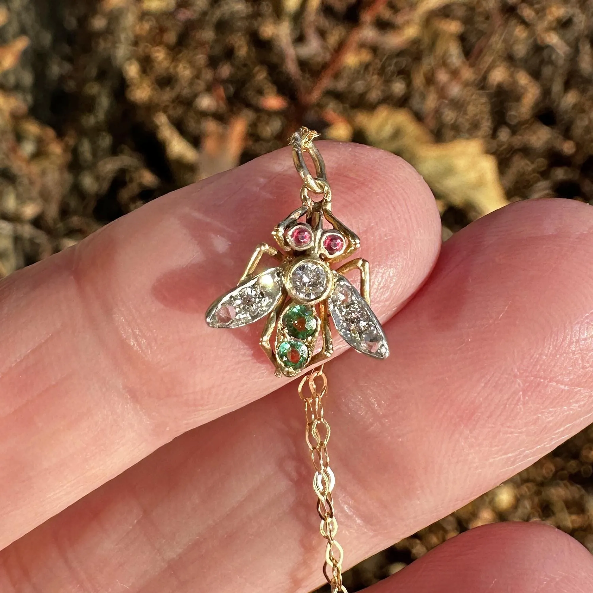 Antique 14K Gold Ruby Emerald Diamond Fly Pendant Necklace