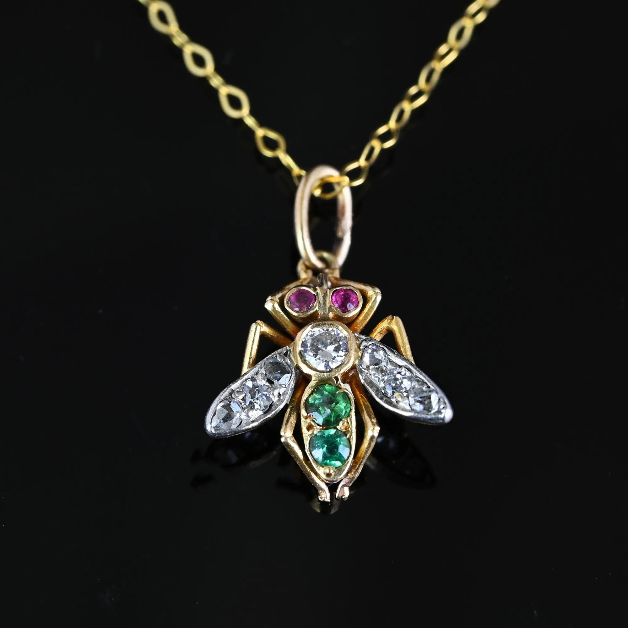 Antique 14K Gold Ruby Emerald Diamond Fly Pendant Necklace