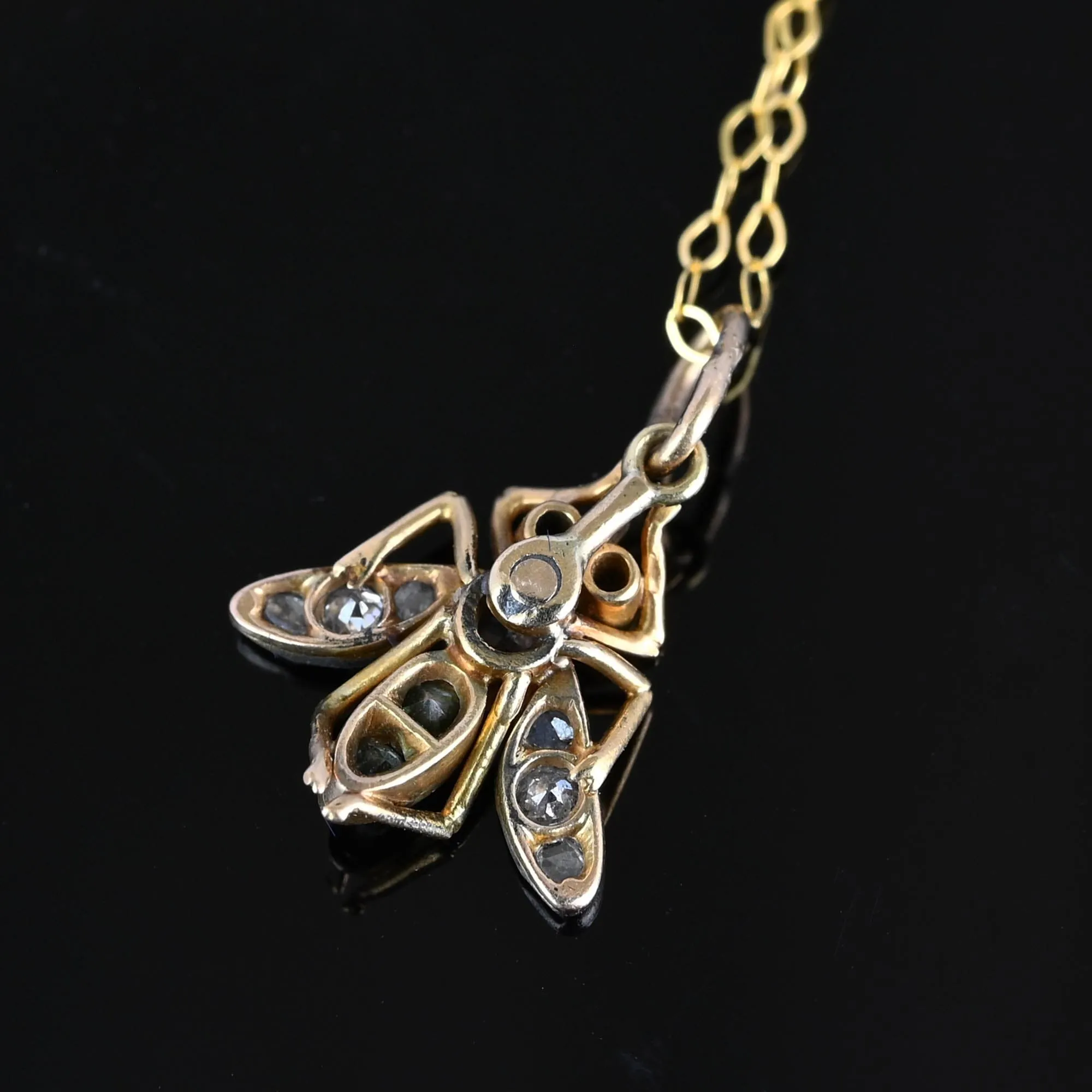 Antique 14K Gold Ruby Emerald Diamond Fly Pendant Necklace