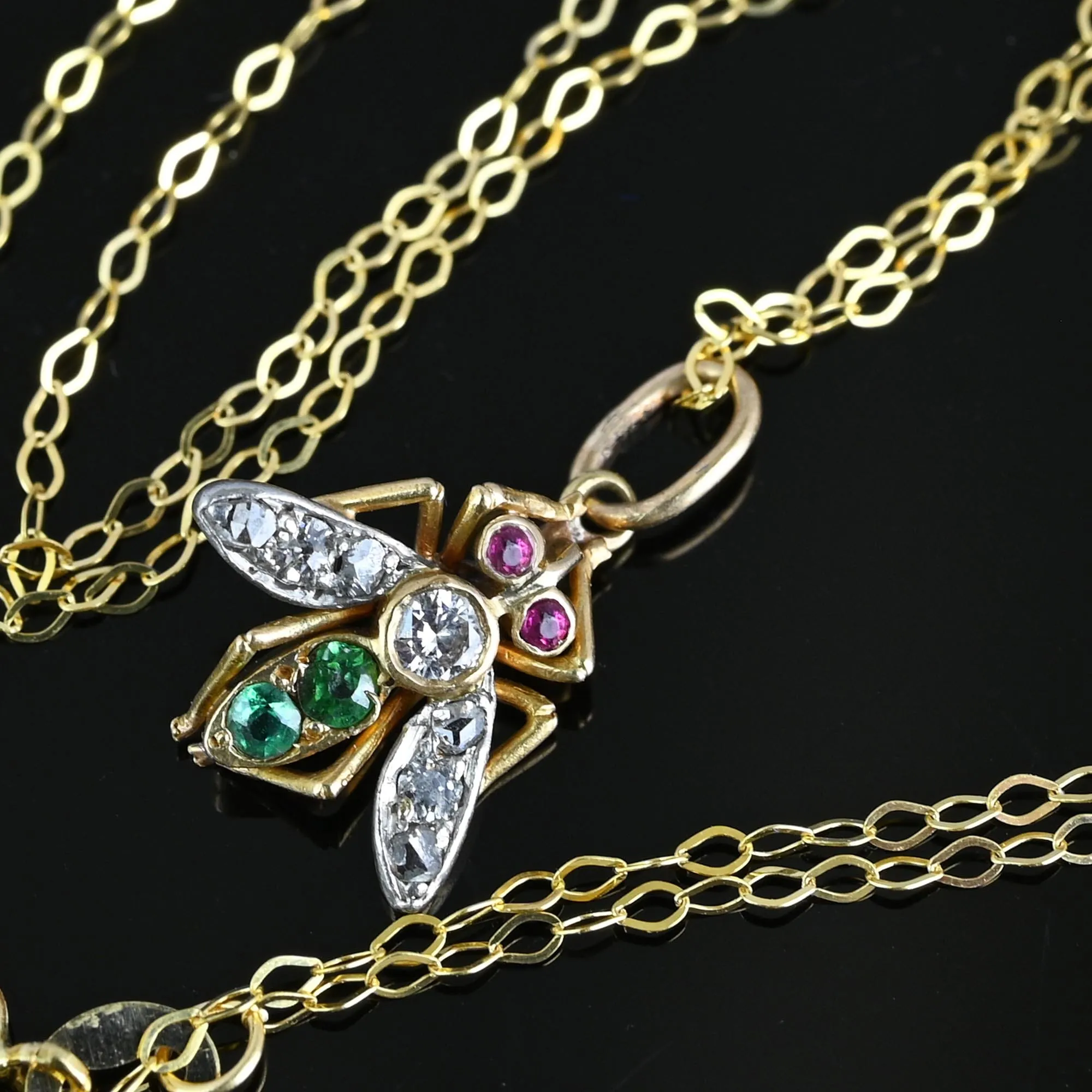 Antique 14K Gold Ruby Emerald Diamond Fly Pendant Necklace