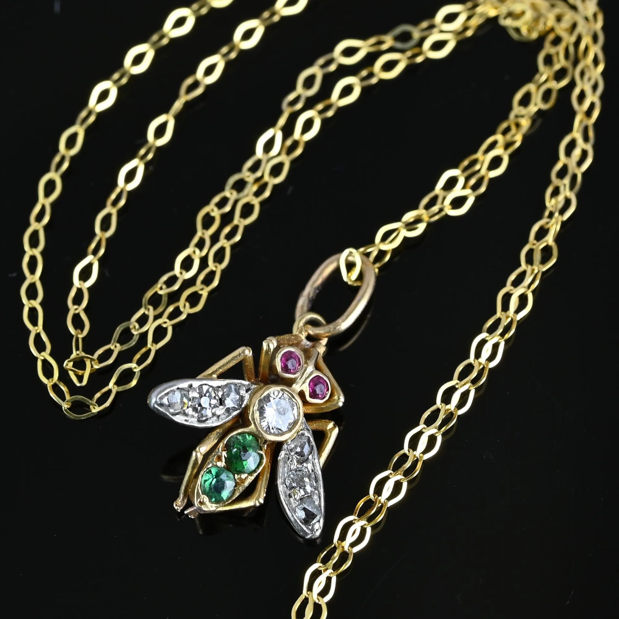 Antique 14K Gold Ruby Emerald Diamond Fly Pendant Necklace
