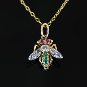 Antique 14K Gold Ruby Emerald Diamond Fly Pendant Necklace