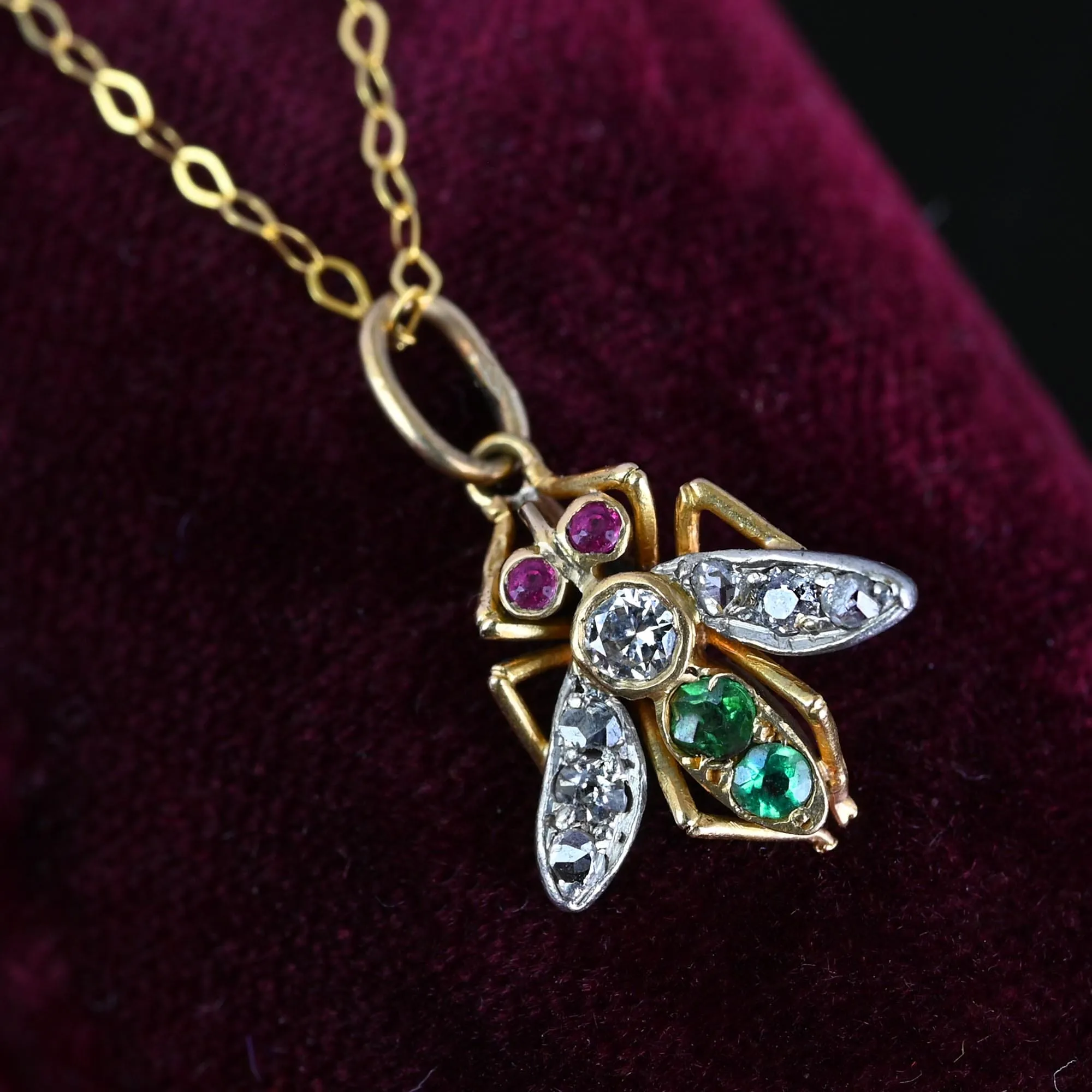 Antique 14K Gold Ruby Emerald Diamond Fly Pendant Necklace