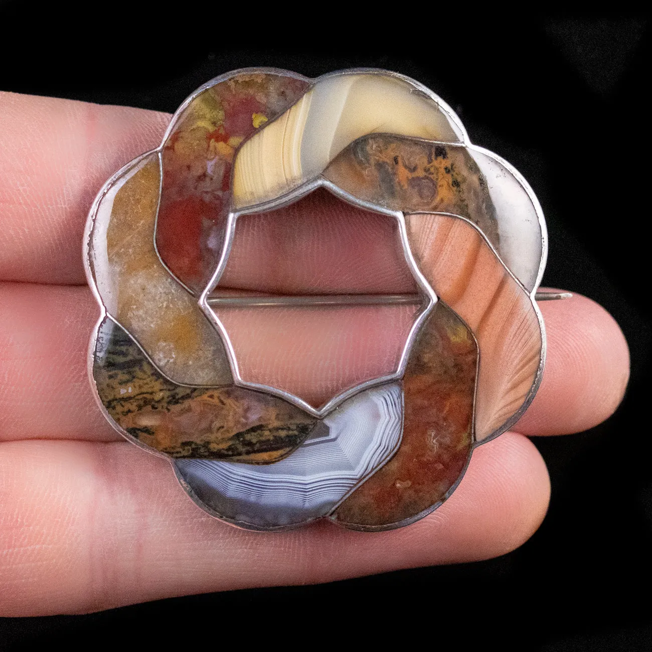 Antique Victorian Scottish Plaid Agate Round Twist Brooch Silver Circa 1860