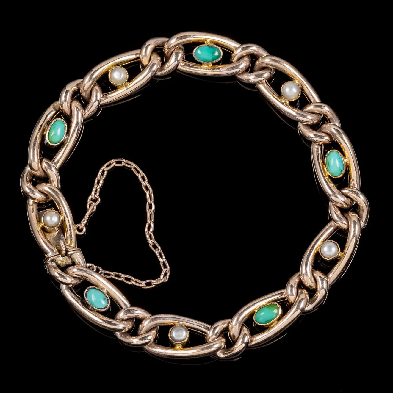 Antique Victorian Turquoise Pearl 9Ct Rose Gold Bracelet Circa 1900