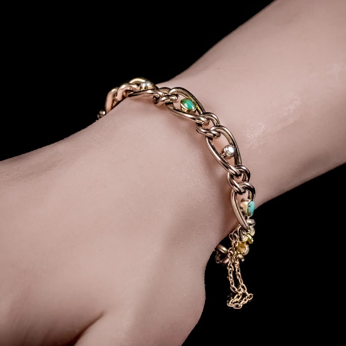 Antique Victorian Turquoise Pearl 9Ct Rose Gold Bracelet Circa 1900