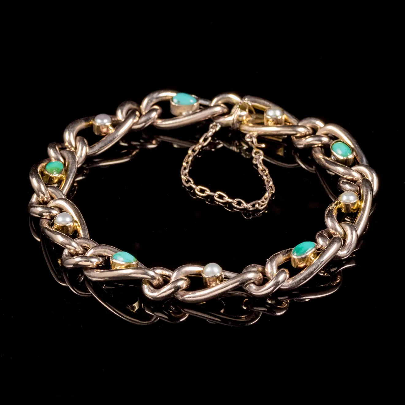 Antique Victorian Turquoise Pearl 9Ct Rose Gold Bracelet Circa 1900
