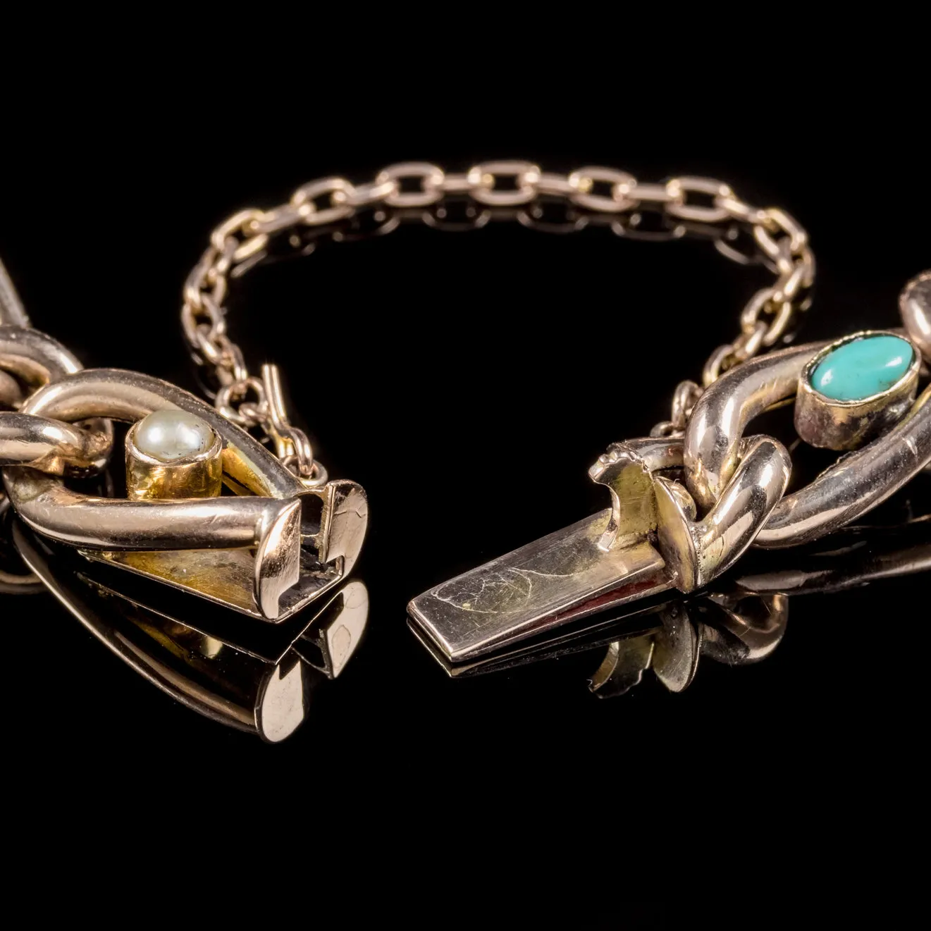 Antique Victorian Turquoise Pearl 9Ct Rose Gold Bracelet Circa 1900