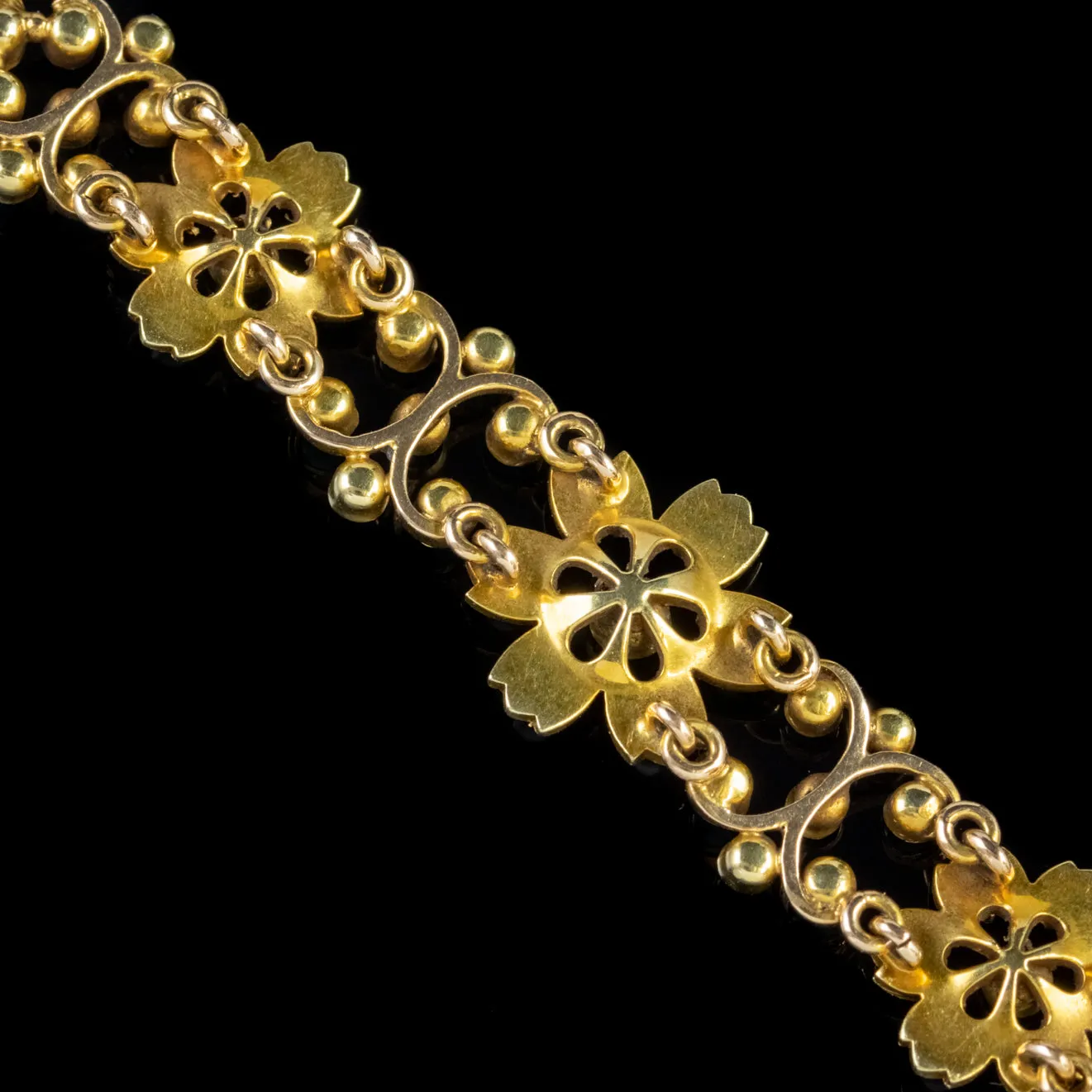 Antique Victorian Turquoise Pearl Forget Me Not Bracelet 15Ct Gold Circa 1880