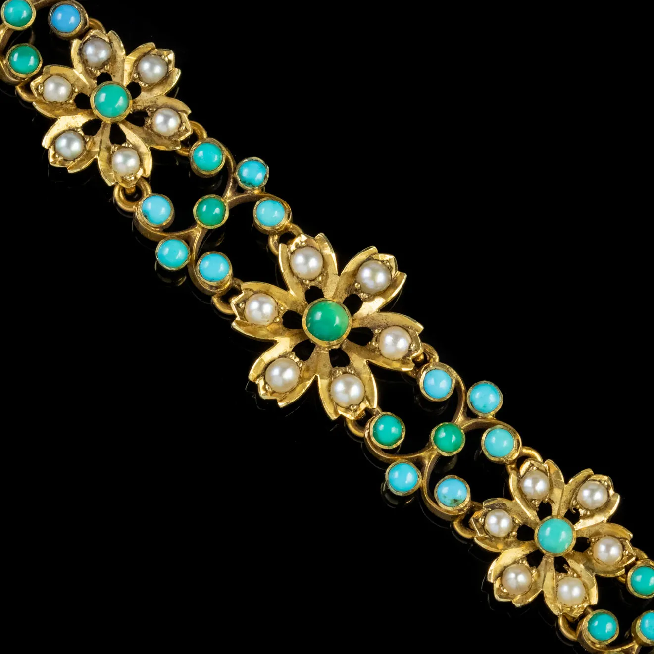 Antique Victorian Turquoise Pearl Forget Me Not Bracelet 15Ct Gold Circa 1880