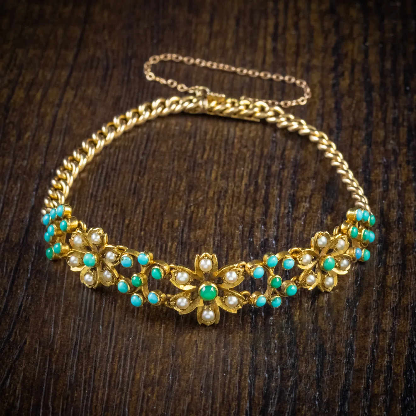 Antique Victorian Turquoise Pearl Forget Me Not Bracelet 15Ct Gold Circa 1880