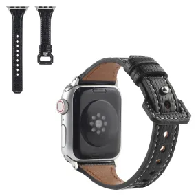 Apple Watch 44mm bamboo textured genuine leather watch strap - Black