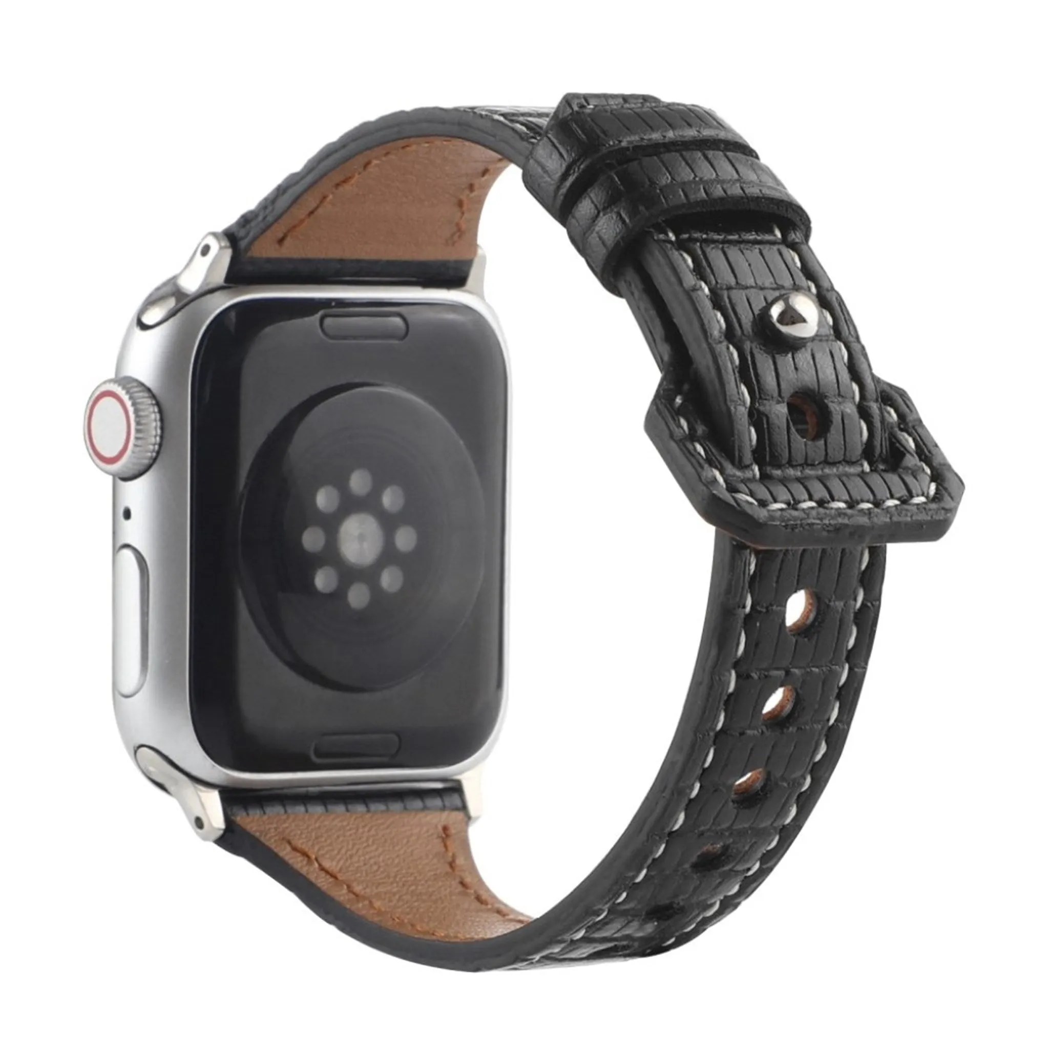 Apple Watch 44mm bamboo textured genuine leather watch strap - Black