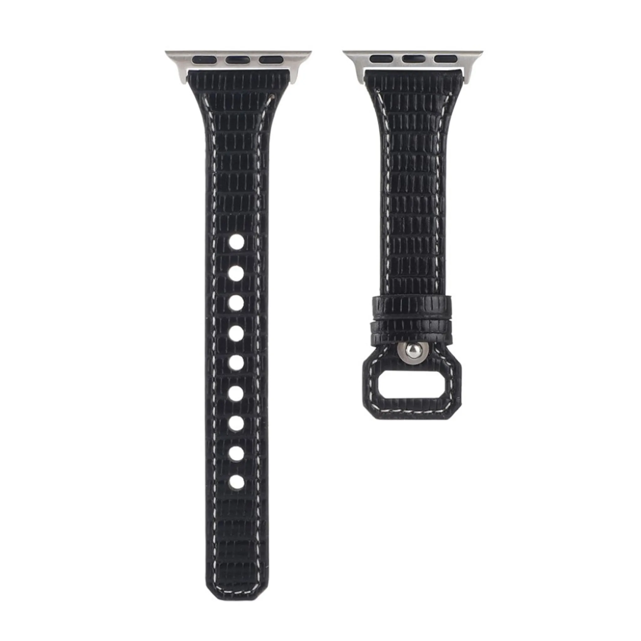 Apple Watch 44mm bamboo textured genuine leather watch strap - Black