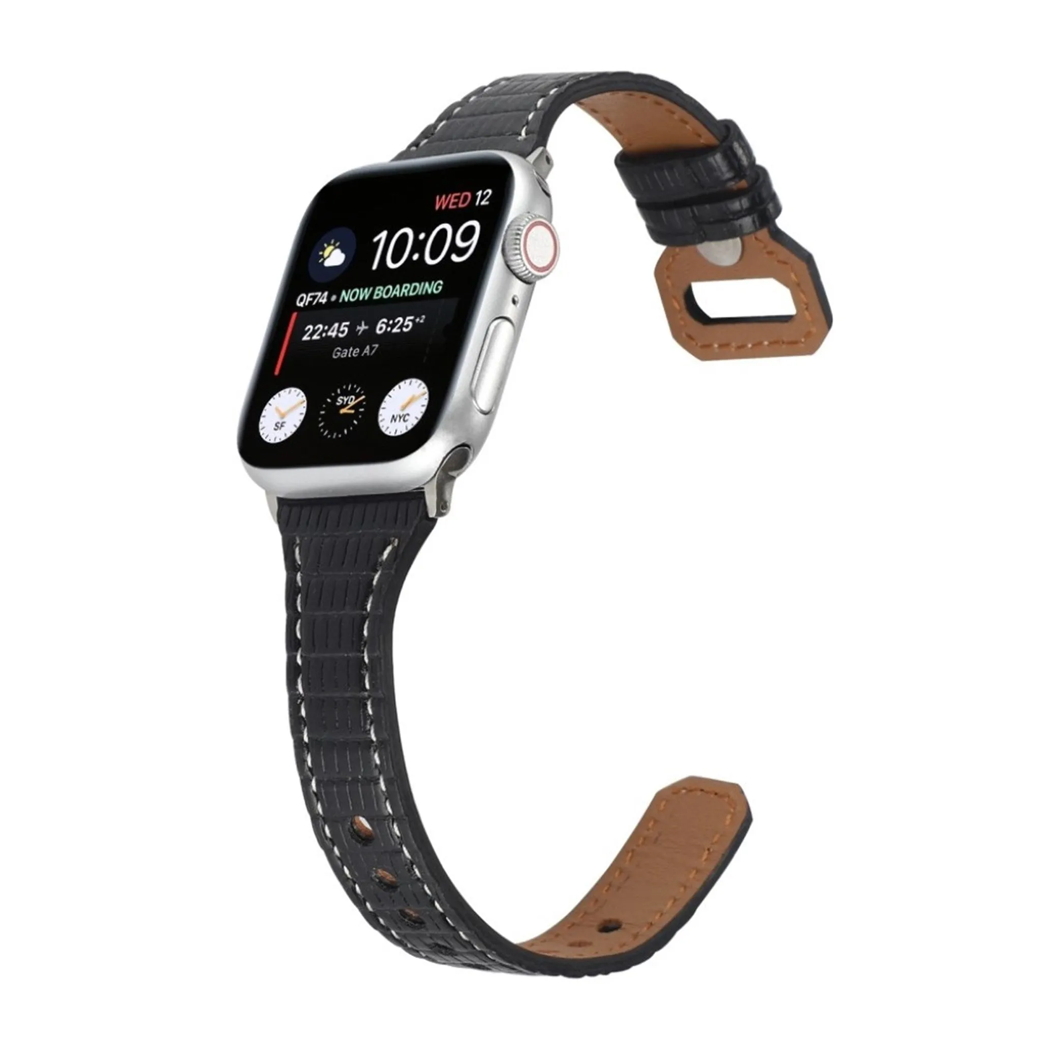 Apple Watch 44mm bamboo textured genuine leather watch strap - Black