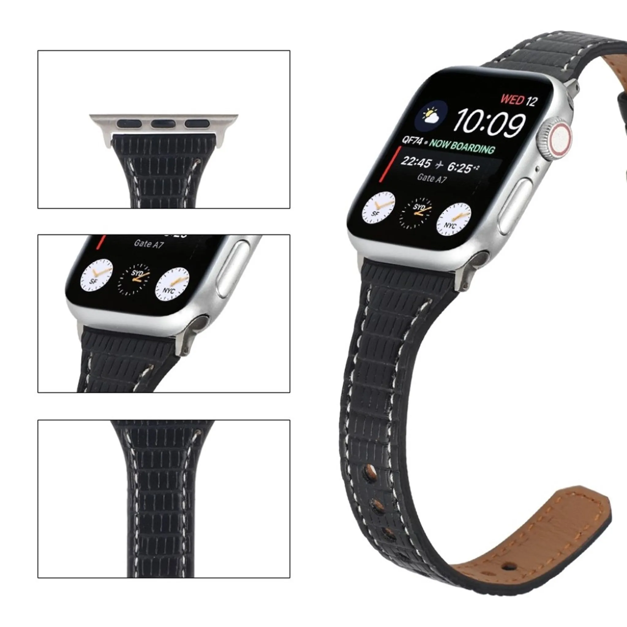 Apple Watch 44mm bamboo textured genuine leather watch strap - Black