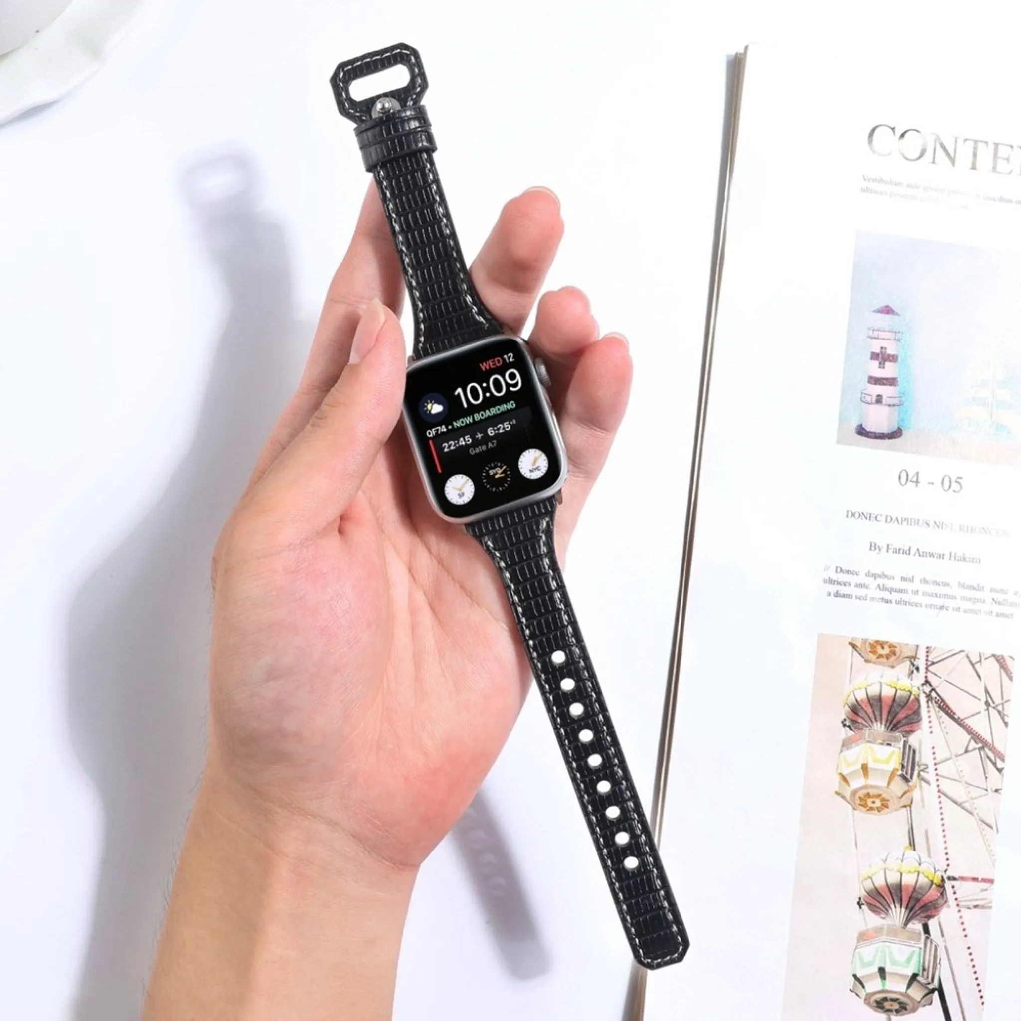 Apple Watch 44mm bamboo textured genuine leather watch strap - Black