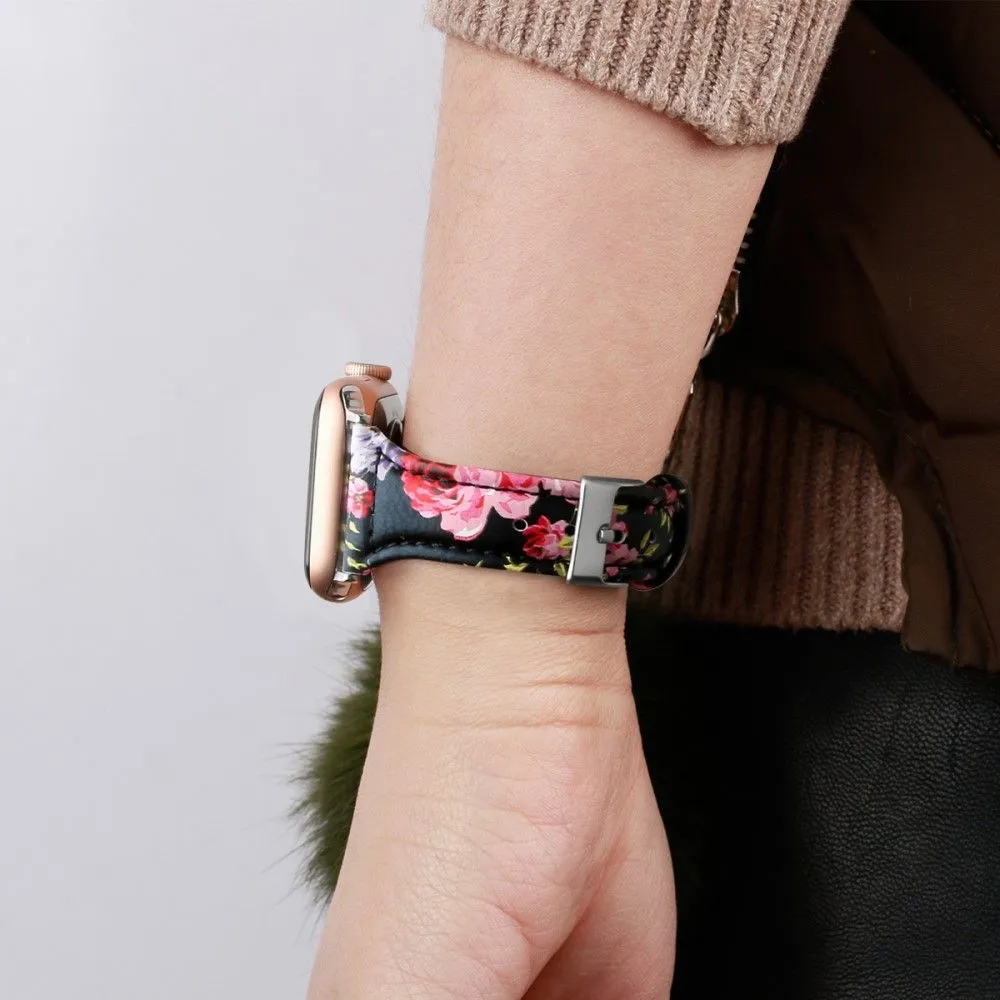 Apple Watch (45mm) B6 genuine leather watch strap - Red Flower / Size: L