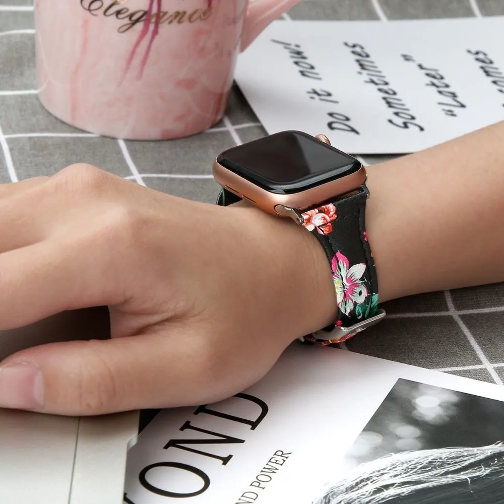 Apple Watch (45mm) B6 genuine leather watch strap - Red Flower / Size: L