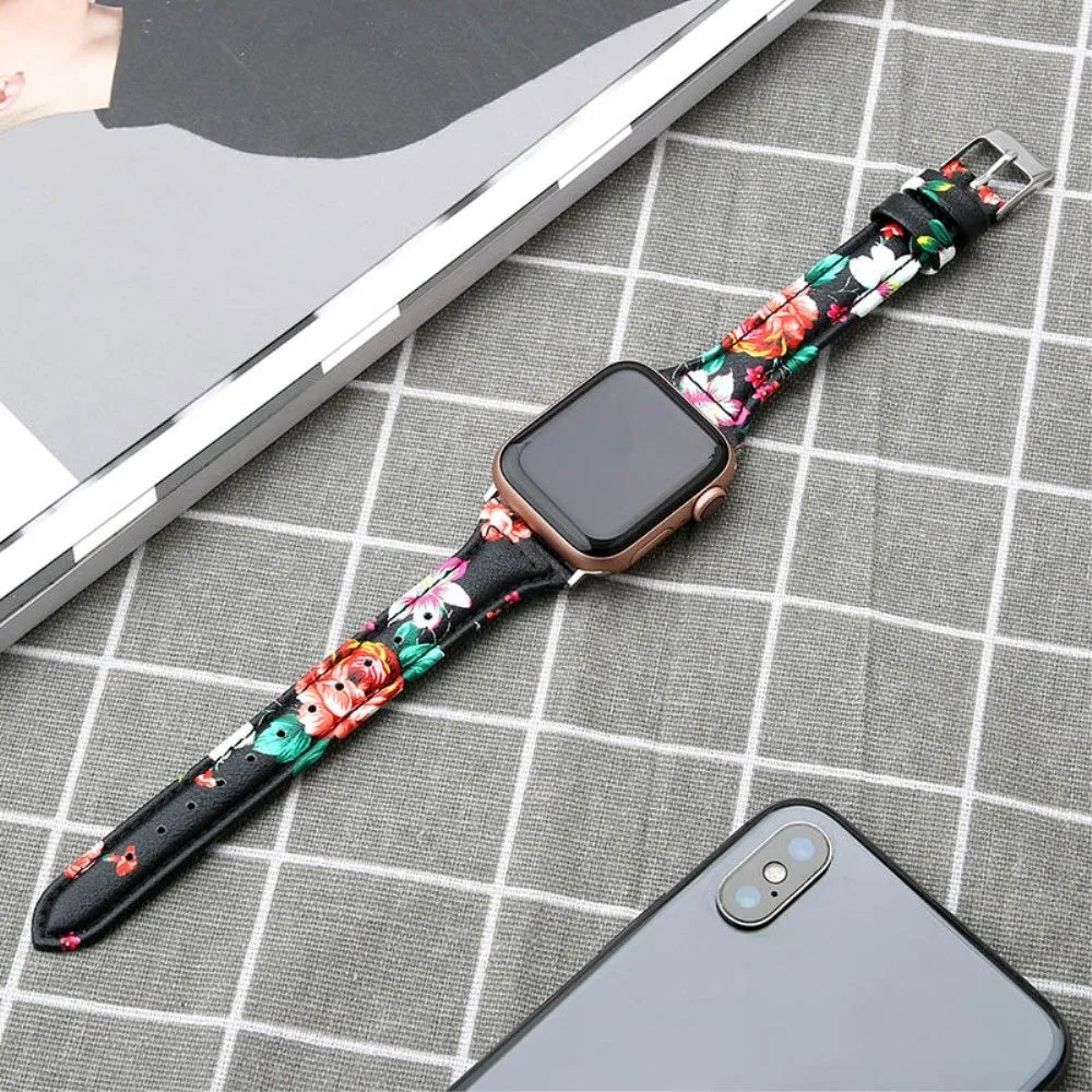 Apple Watch (45mm) B6 genuine leather watch strap - Red Flower / Size: L