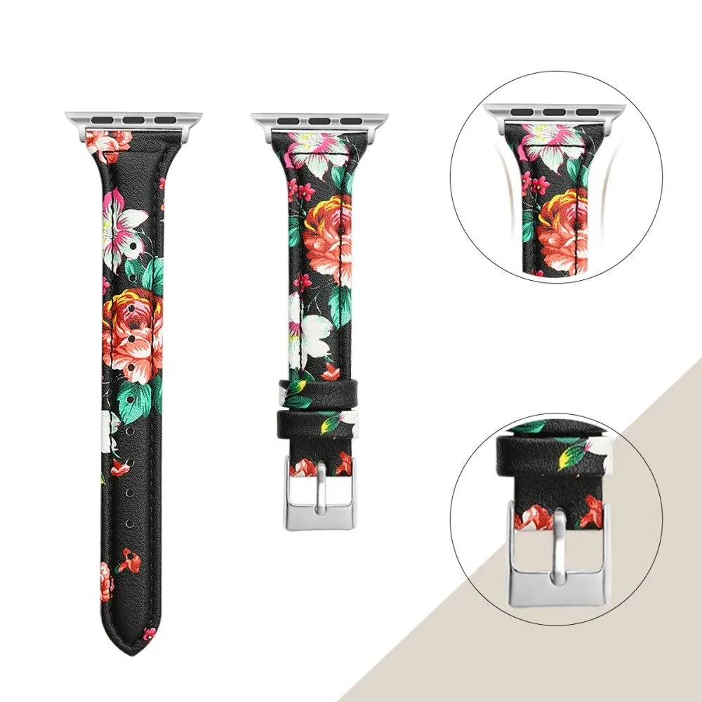 Apple Watch (45mm) B6 genuine leather watch strap - Red Flower / Size: L