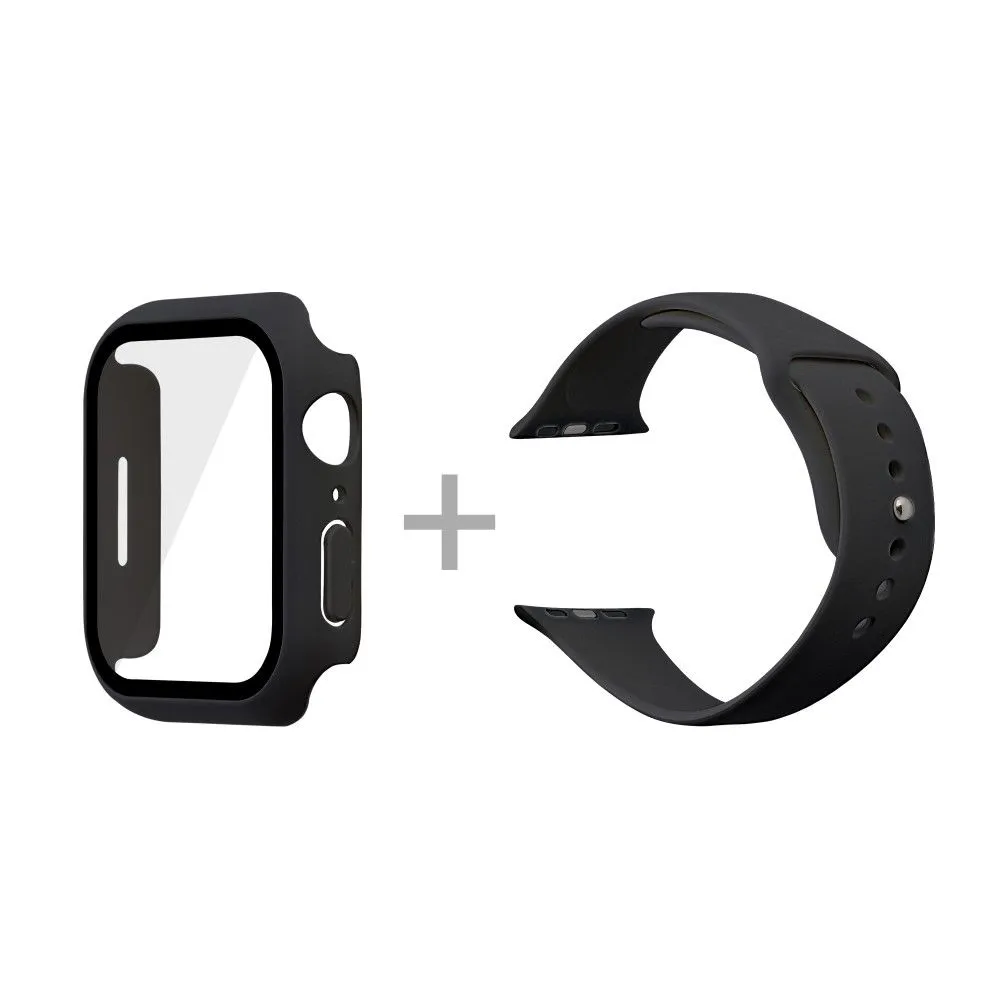 Apple Watch (45mm) silicone watch strap   cover with tempered glass - Black / Size: S / M