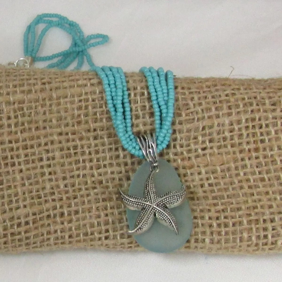 Aqua Sea Glass Pendant  Multi-strand Necklace