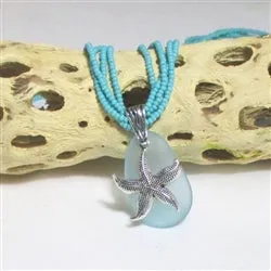 Aqua Sea Glass Pendant  Multi-strand Necklace
