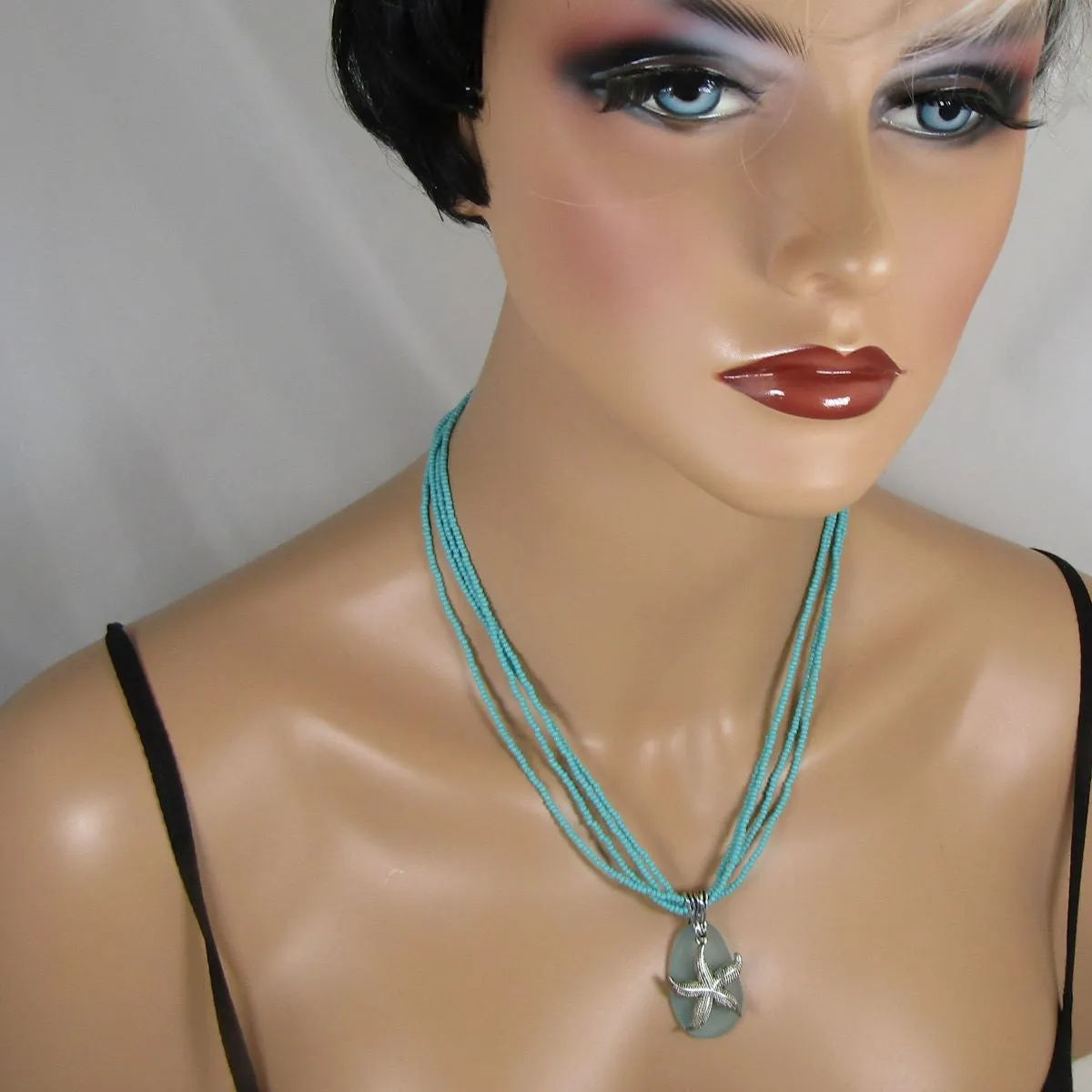 Aqua Sea Glass Pendant  Multi-strand Necklace