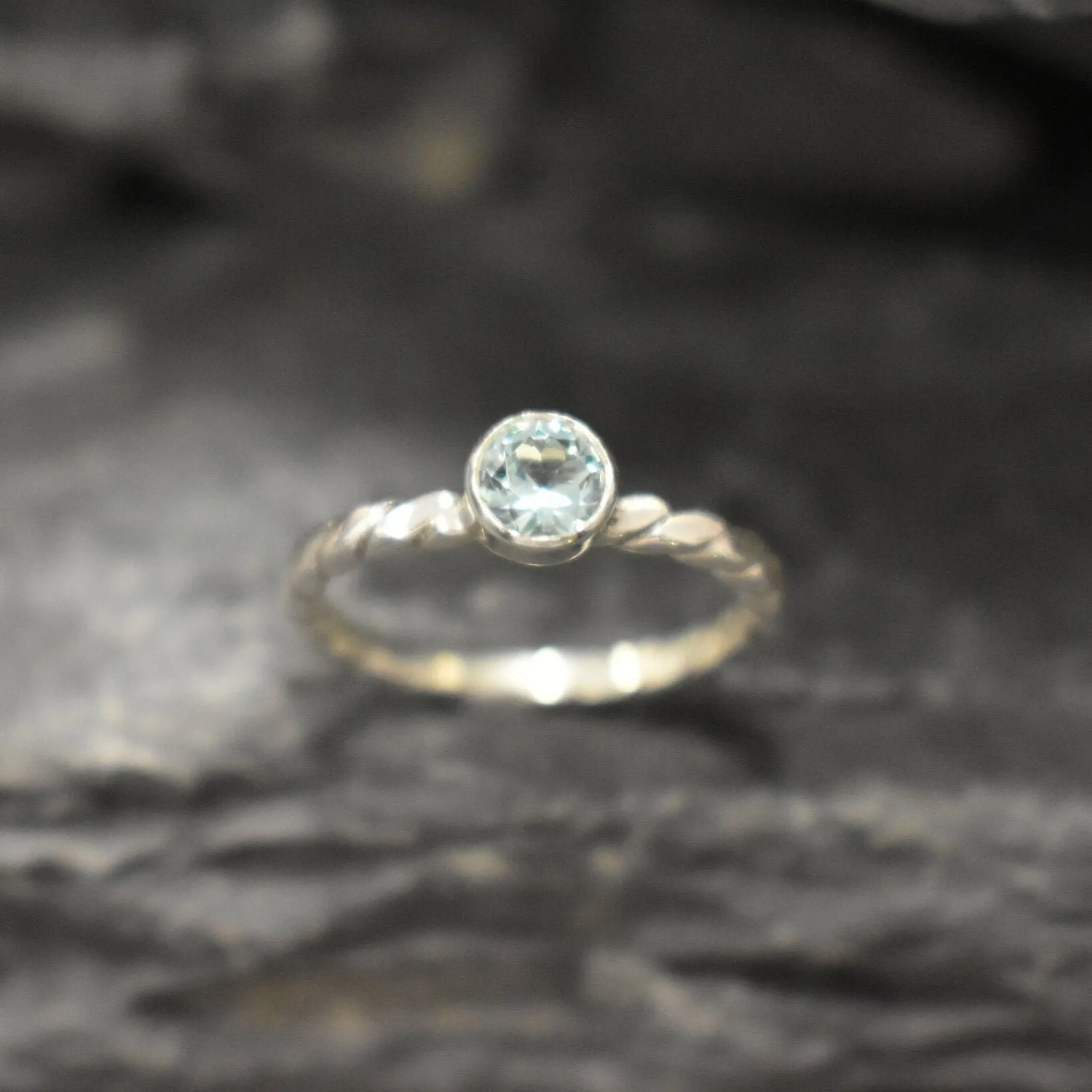 Aquamarine Ring - Dainty Blue Ring - Twisted Silver Band