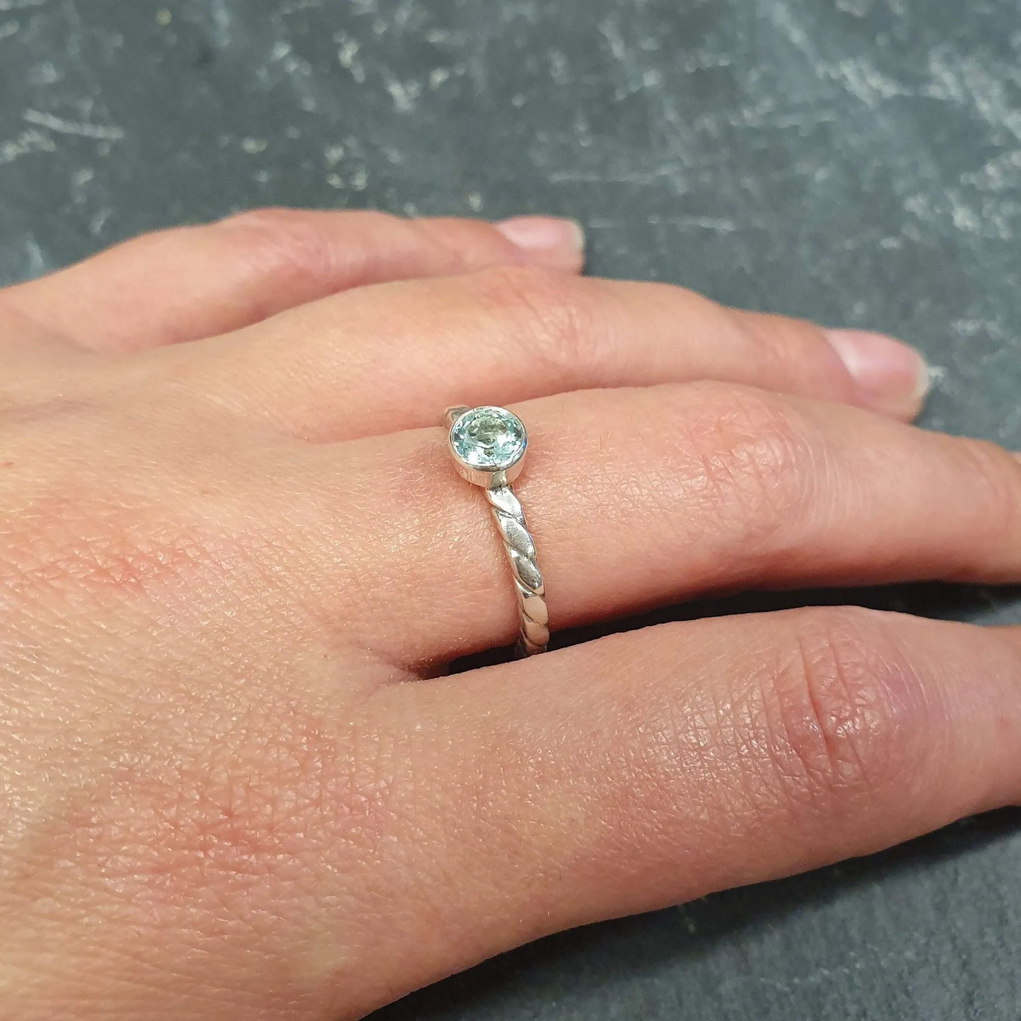 Aquamarine Ring - Dainty Blue Ring - Twisted Silver Band