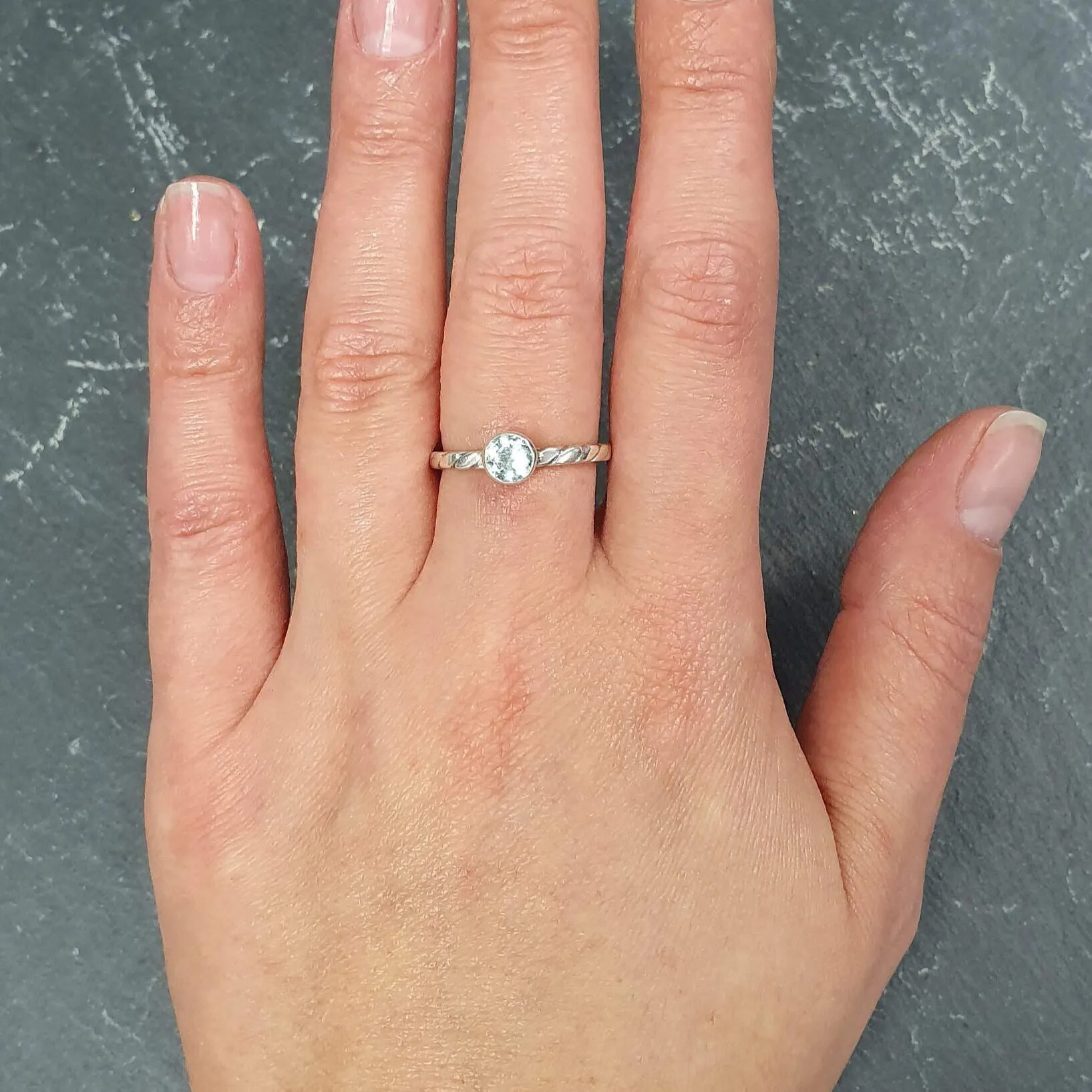 Aquamarine Ring - Dainty Blue Ring - Twisted Silver Band