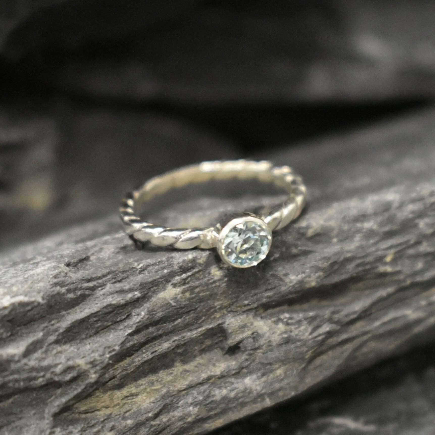 Aquamarine Ring - Dainty Blue Ring - Twisted Silver Band