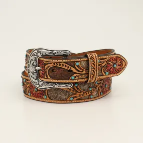 Ariat Calf Hair Underlay Red Flower Tan Belt