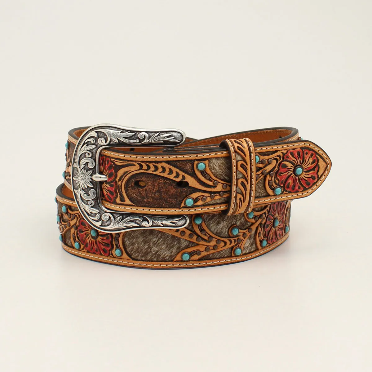 Ariat Calf Hair Underlay Red Flower Tan Belt