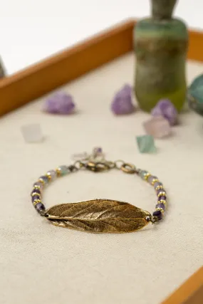 Aspire 7.5-8.5" Rainbow Fluorite With Antique Gold Plated Brass Leaf Statement Bracelet