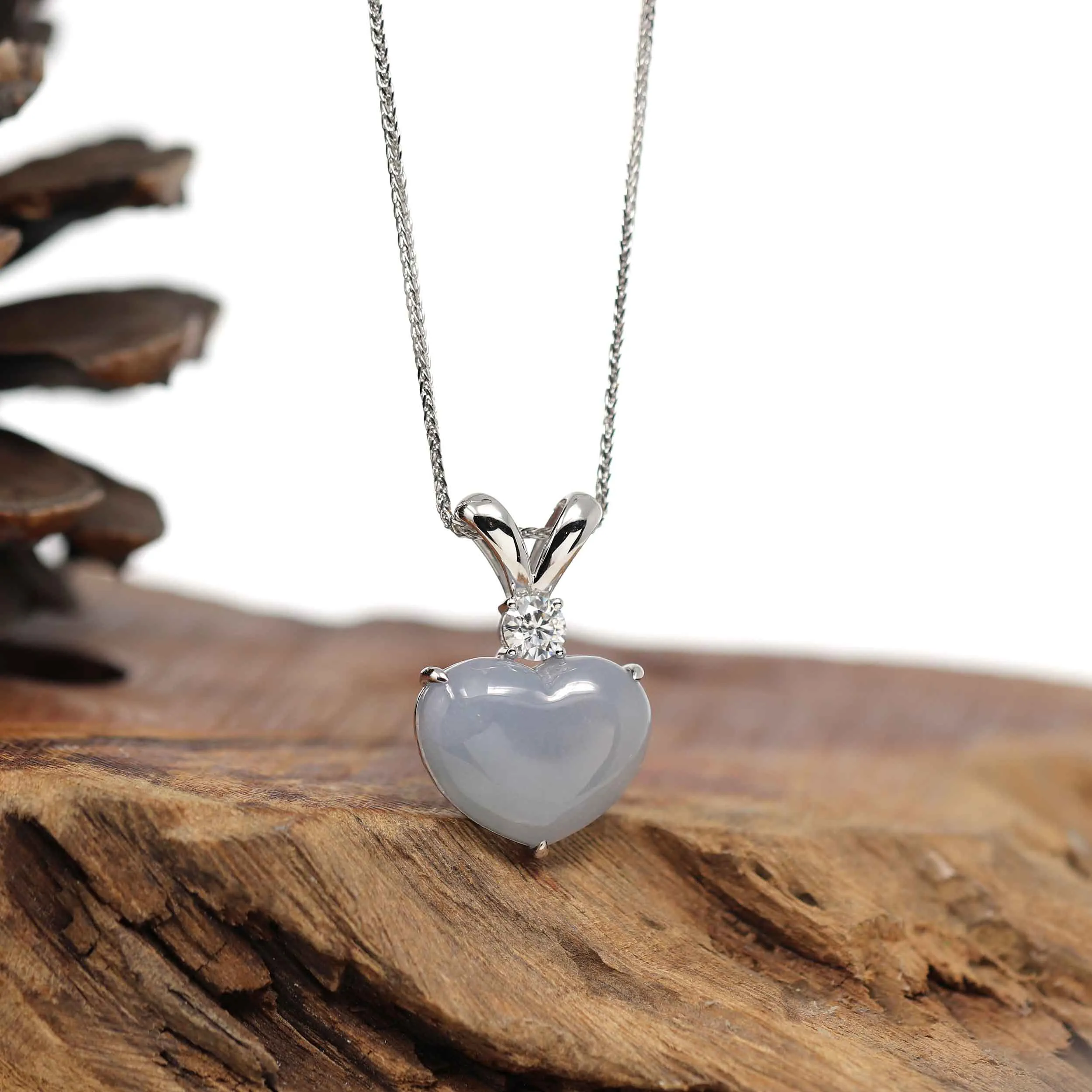 Baikalla 14K Gold Genuine Burmese Grey Jadeite Jade Heart Pendant with Moissanite