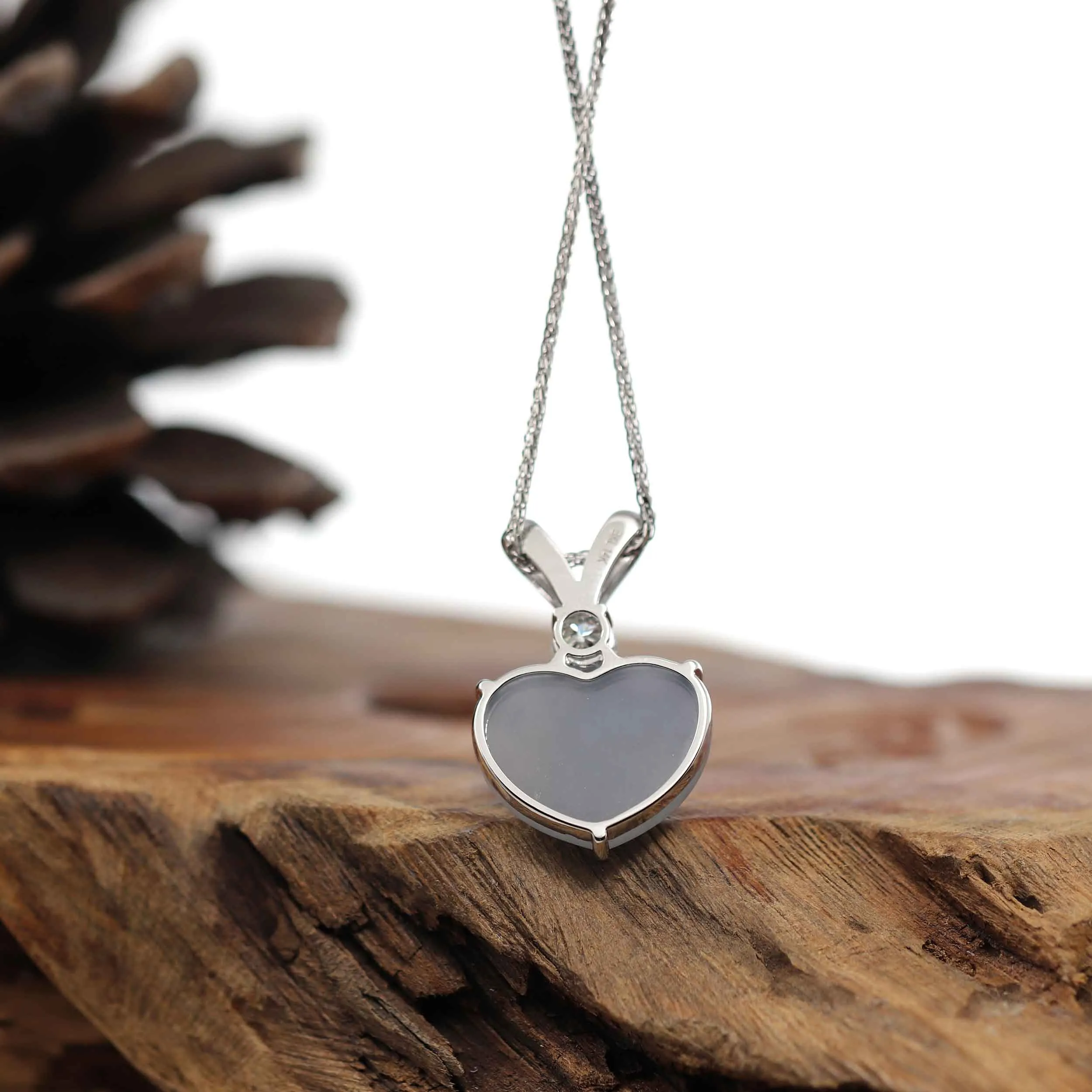 Baikalla 14K Gold Genuine Burmese Grey Jadeite Jade Heart Pendant with Moissanite