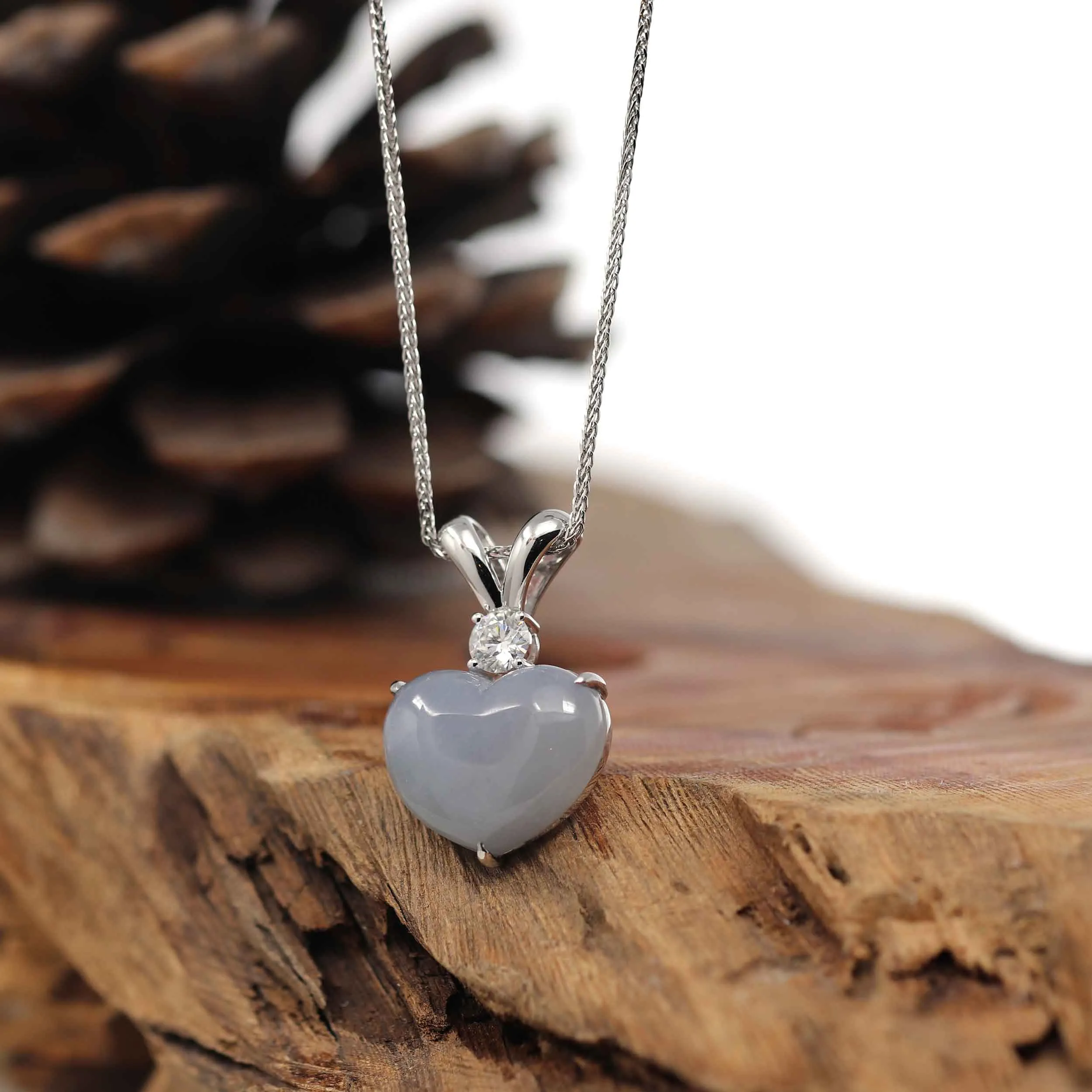 Baikalla 14K Gold Genuine Burmese Grey Jadeite Jade Heart Pendant with Moissanite