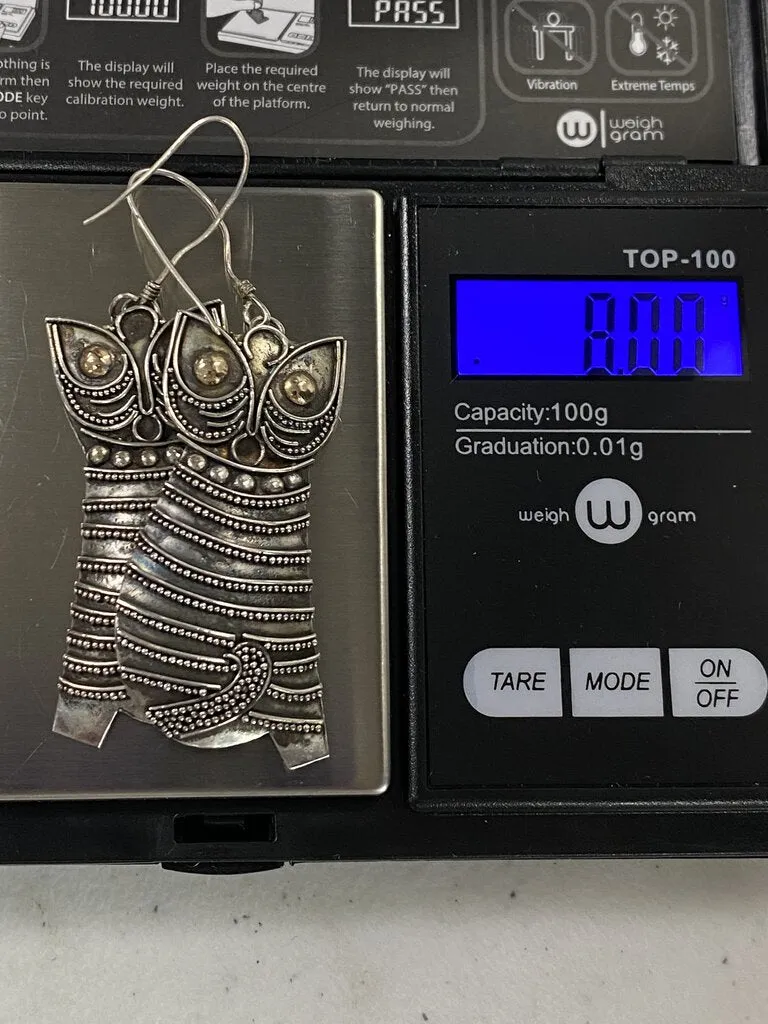 Balinese Sterling Silver Kitten Dangle Earrings 1.5” /ro