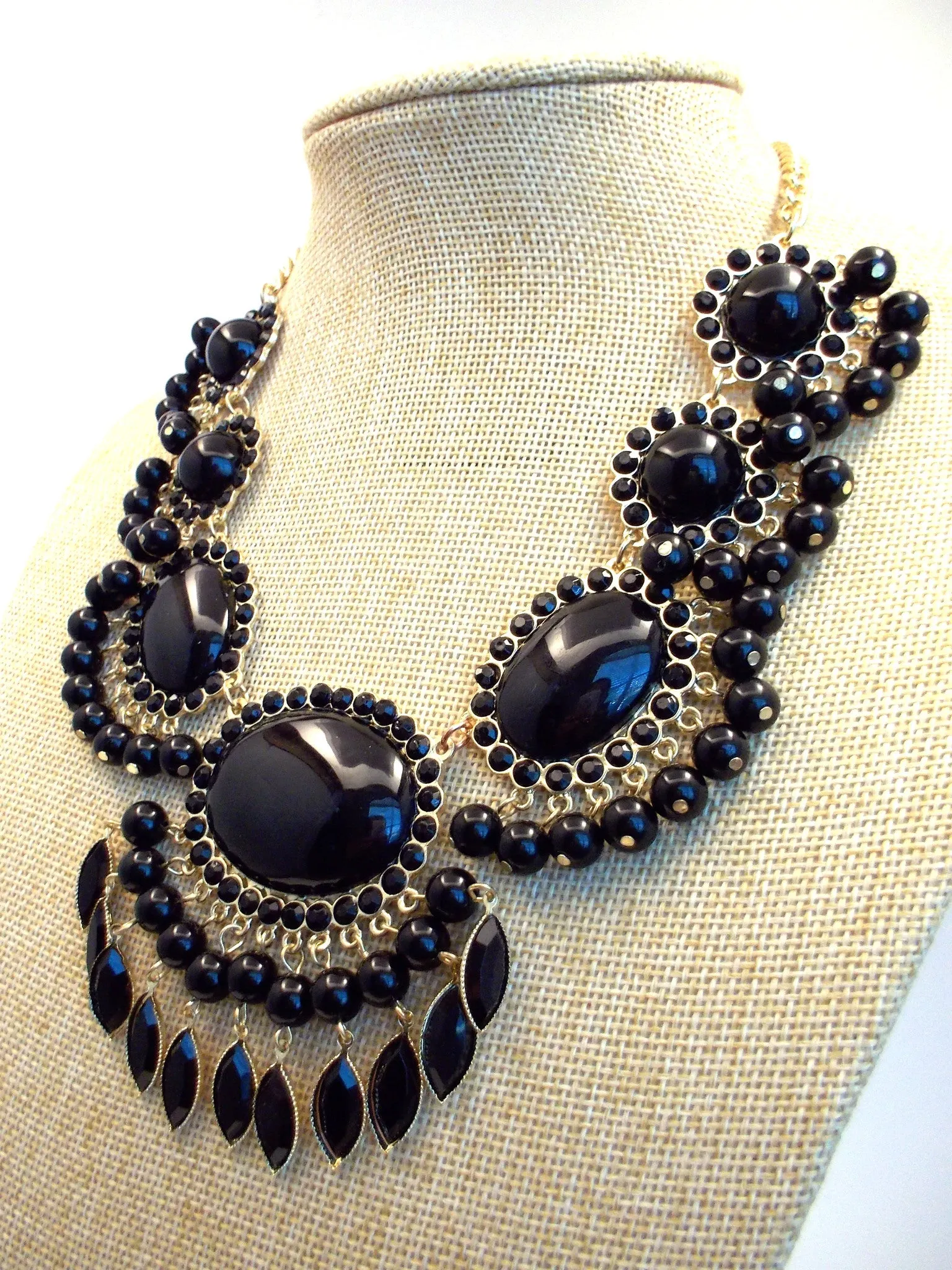 Bauble Fan Fringe Statement Necklace- Black