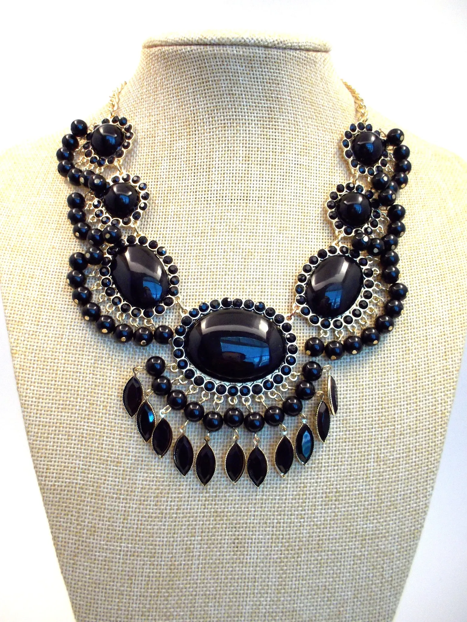 Bauble Fan Fringe Statement Necklace- Black