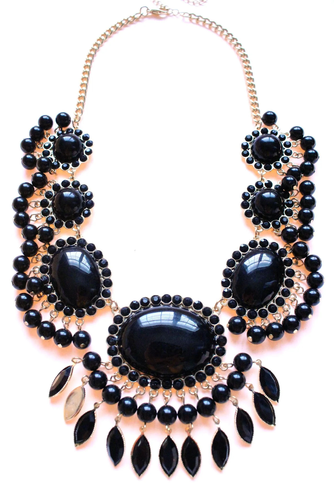 Bauble Fan Fringe Statement Necklace- Black